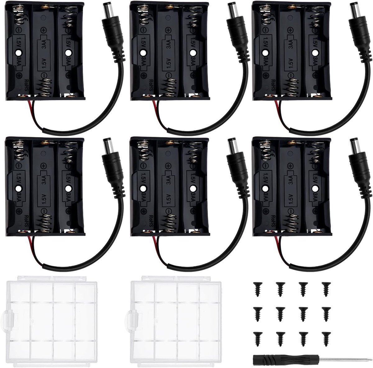 SnelShoppen - 6 Stuks Bundel 3 AA Batterijhouders, 3 x 1.5V AA Batterijopslagdoos met DC Plug, Inclusief Plastic Batterijopslagdozen, Schroeven & Schr