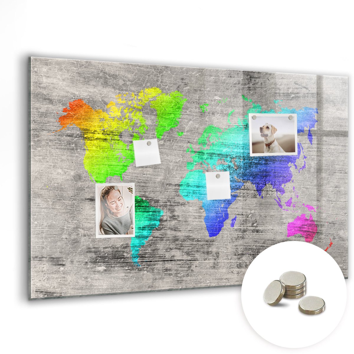 Coloray Glazen Magneetbord - Magnetisch Bord Vintage wereldkaart - 90x60 cm - Veelkleurig Magneetbord - Magnetic Board - Magneetbord Design