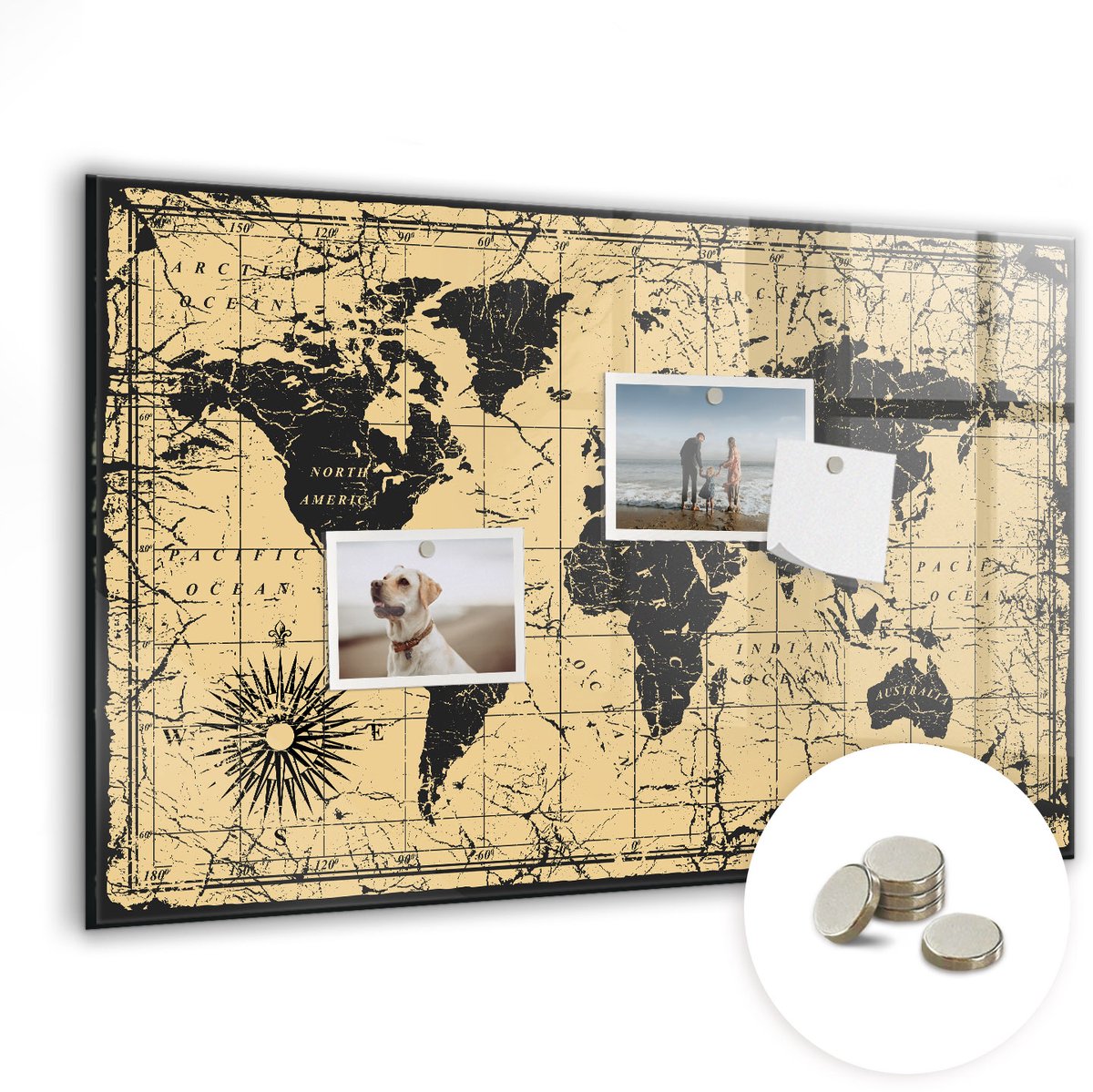 Coloray Glazen Magneetbord - Magnetisch Bord Vintage wereldkaart - 60x40 cm - Veelkleurig Magneetbord - Magnetic Board - Magneetbord Design