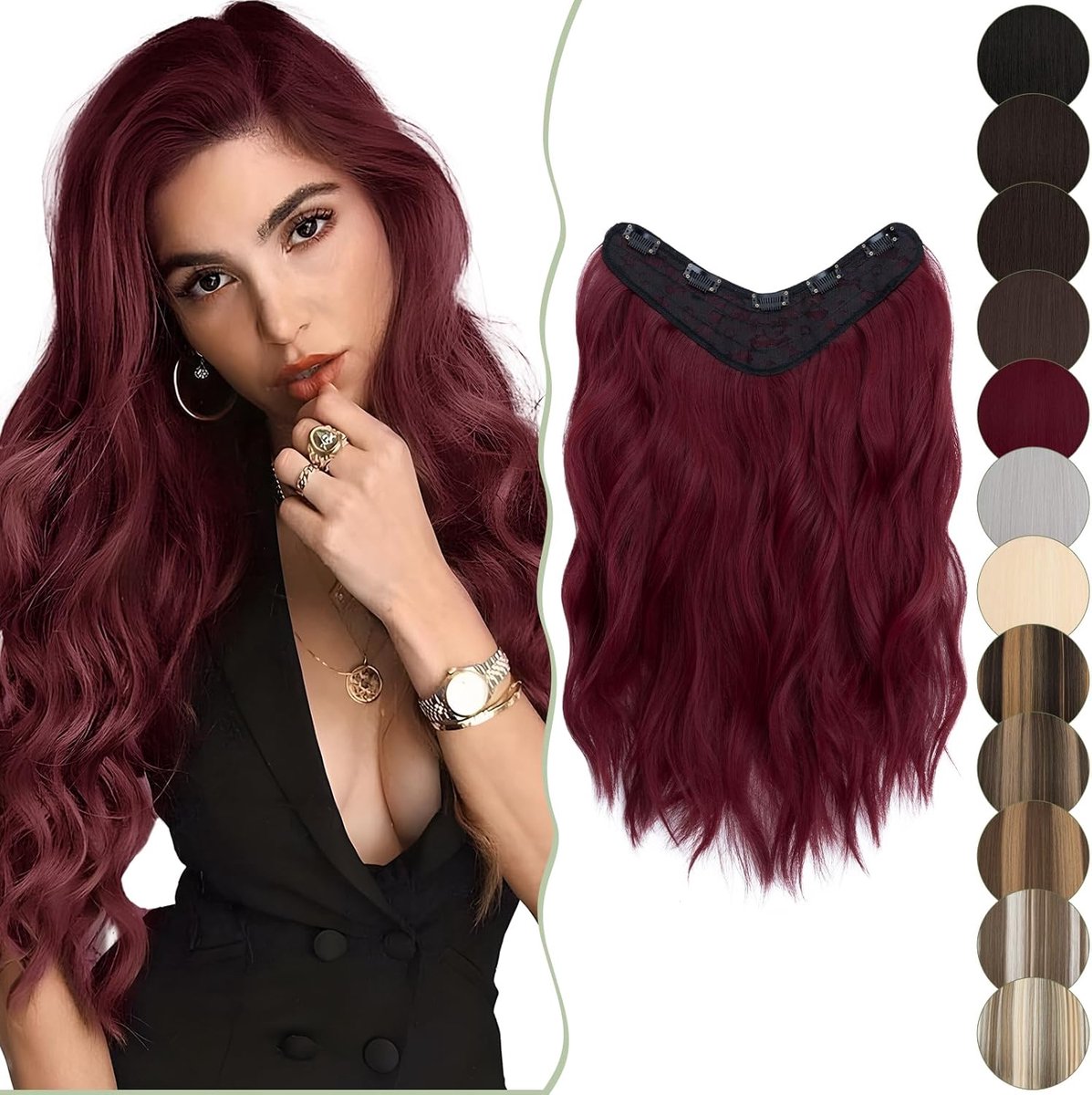 SnelShoppen - Clip-In Echte Haar Extensions U-Vormig 18 Inch 160 g Krullend Golfend Wijnglans 1 Stuk Perfect voor Feest en Dagelijks Gebruik