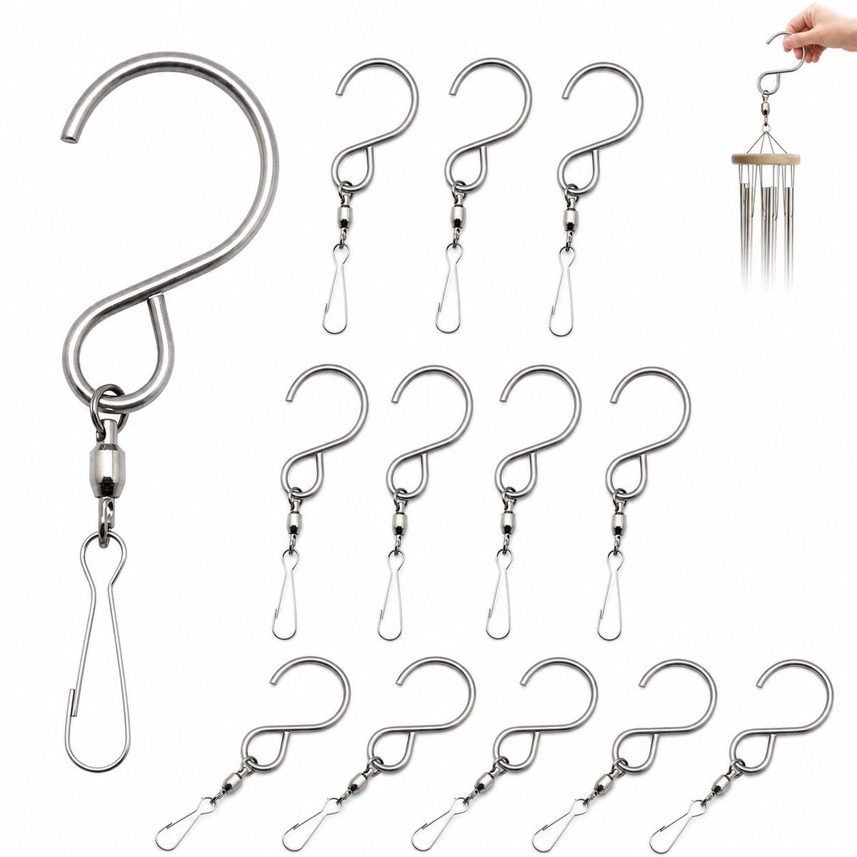 VHV-Windgong Draaihaak - 90 mm RVS Roterende Haak voor Binnen en Buiten - Multi-inzetbare Hangende Klem voor Lantaarns en Bloempotten - Zilver