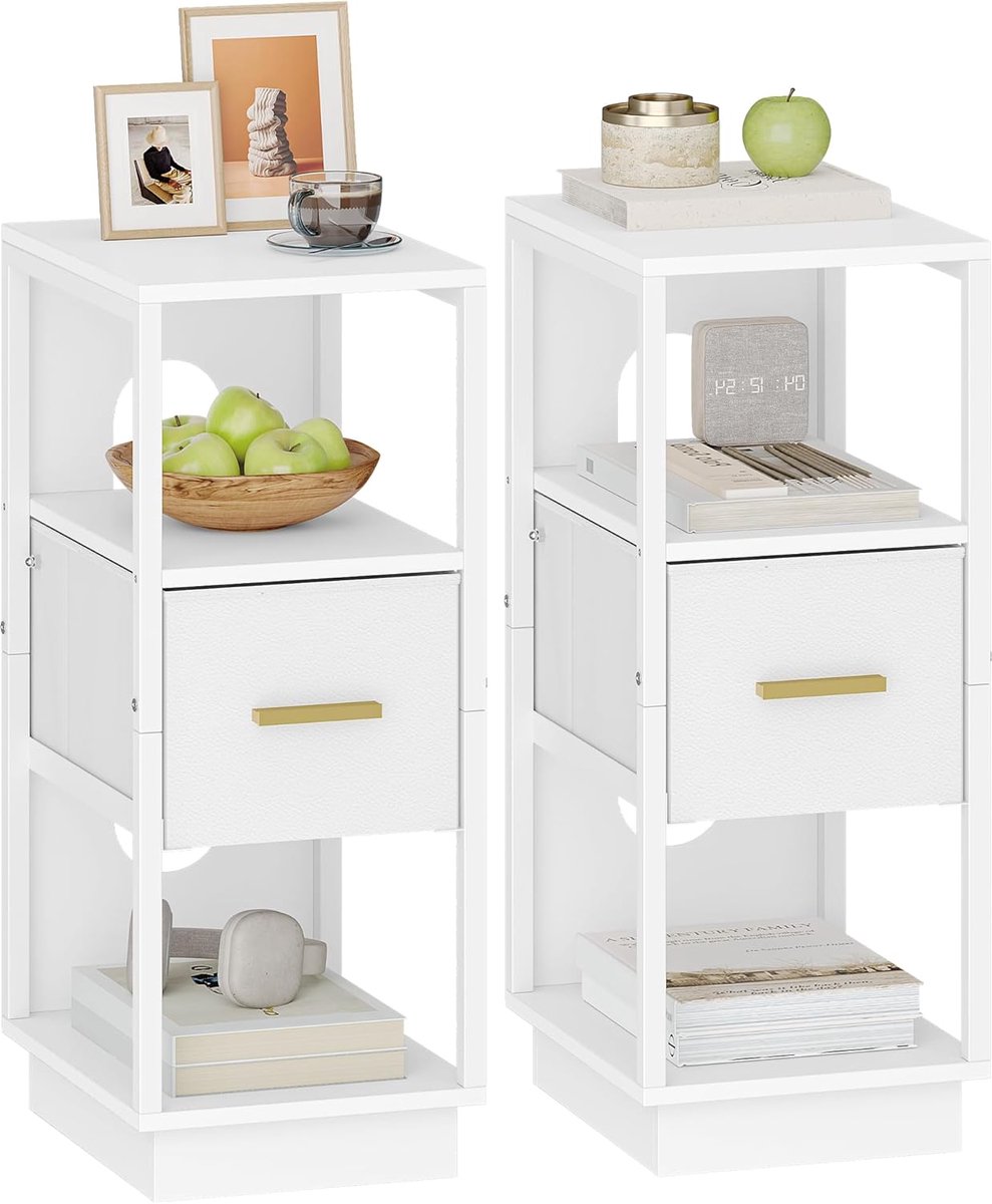 Hzuaneri Nachtkastje set van 2, Smal Nachtkastje met 1 Stoffen Lade, Bijzettafel met Open Vak, Modern, voor Slaapkamer, Woonkamer, 30 x 24 x 60 cm, Wit