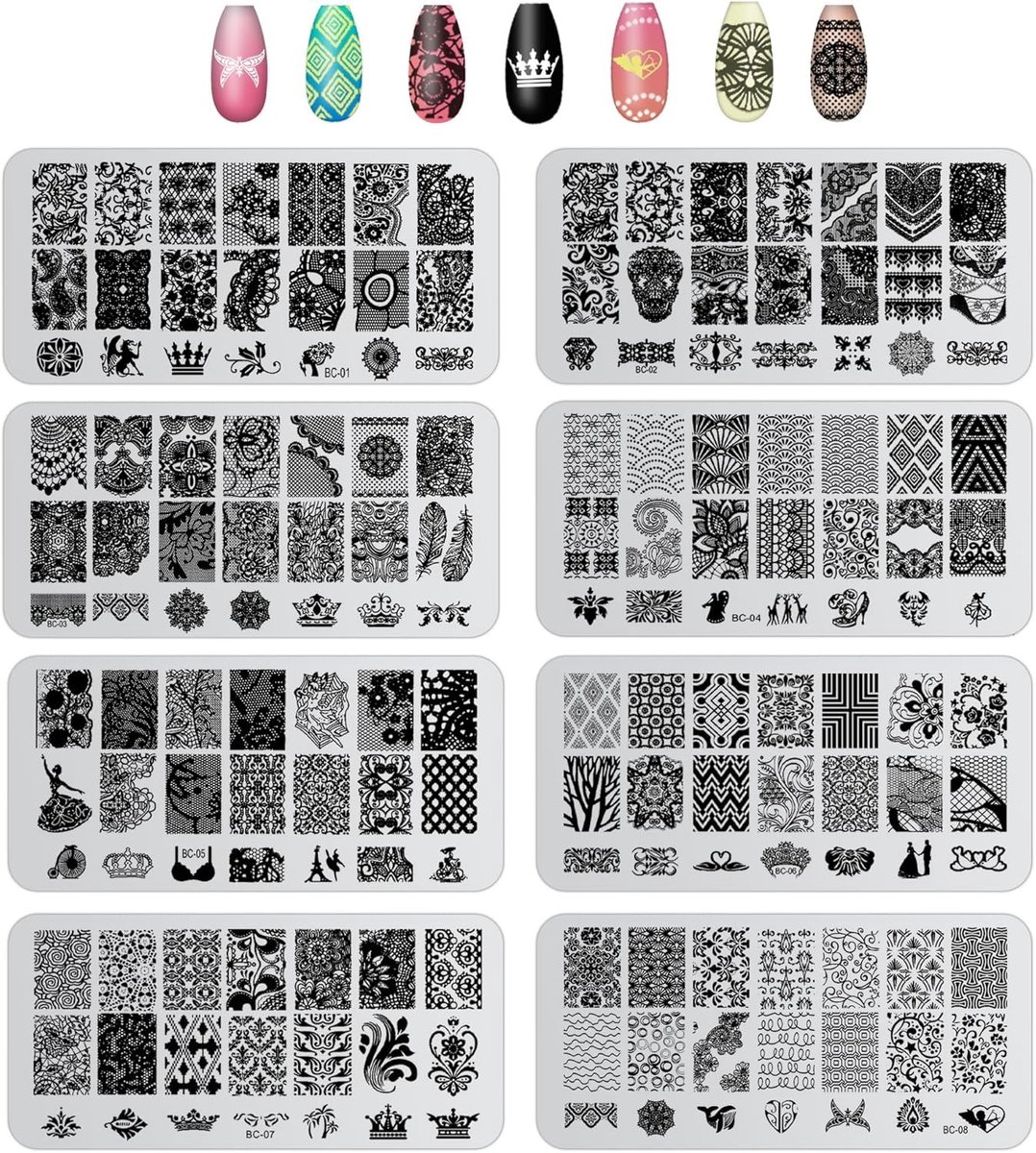 Lace Nagelstempel Set van 8 Stukken voor DIY Nagelkunst, Perfect voor Manicure en Nageldecoratie, Ideaal als Cadeau voor Vrouwen