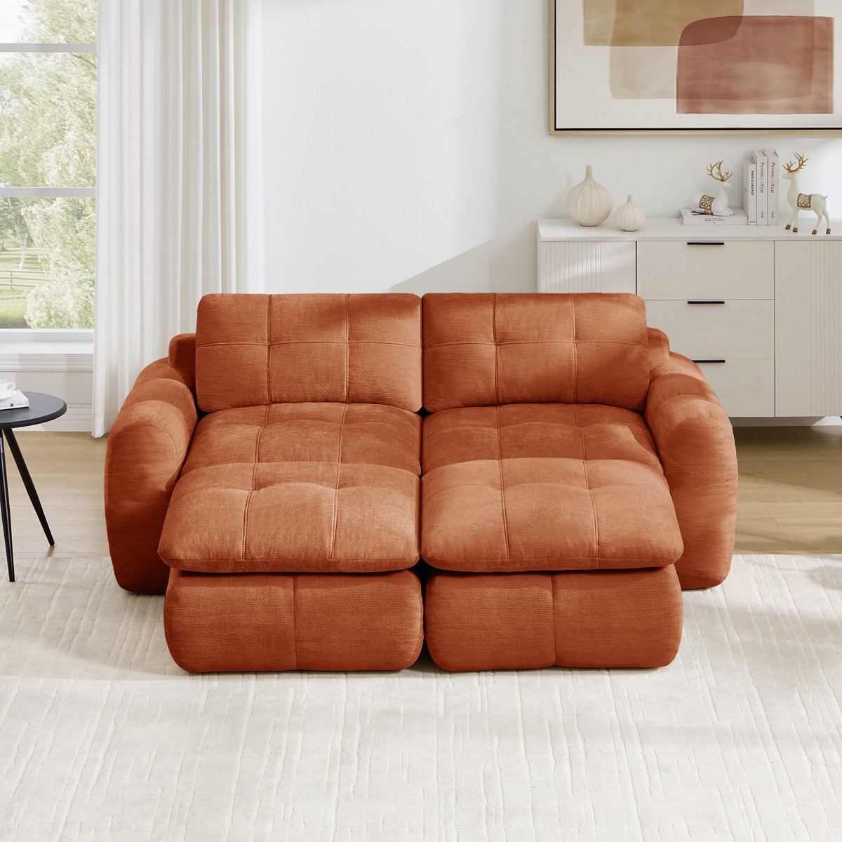 Intebiki 2-zits Hoekbank - Chenille stof - Modulaire L-vormige bank - Geen montage nodig - inclusief 2 poef - oranje