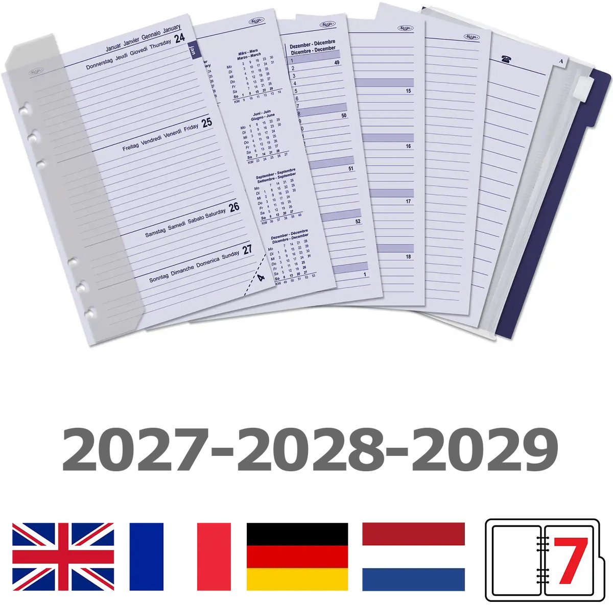 Kalpa 6306-27-28-29 210 x 144 mm A5 6 Ringendagboek Vulling 1 Week per 2 Paginas met extra's EN DE FR NL 2027 2028 2029