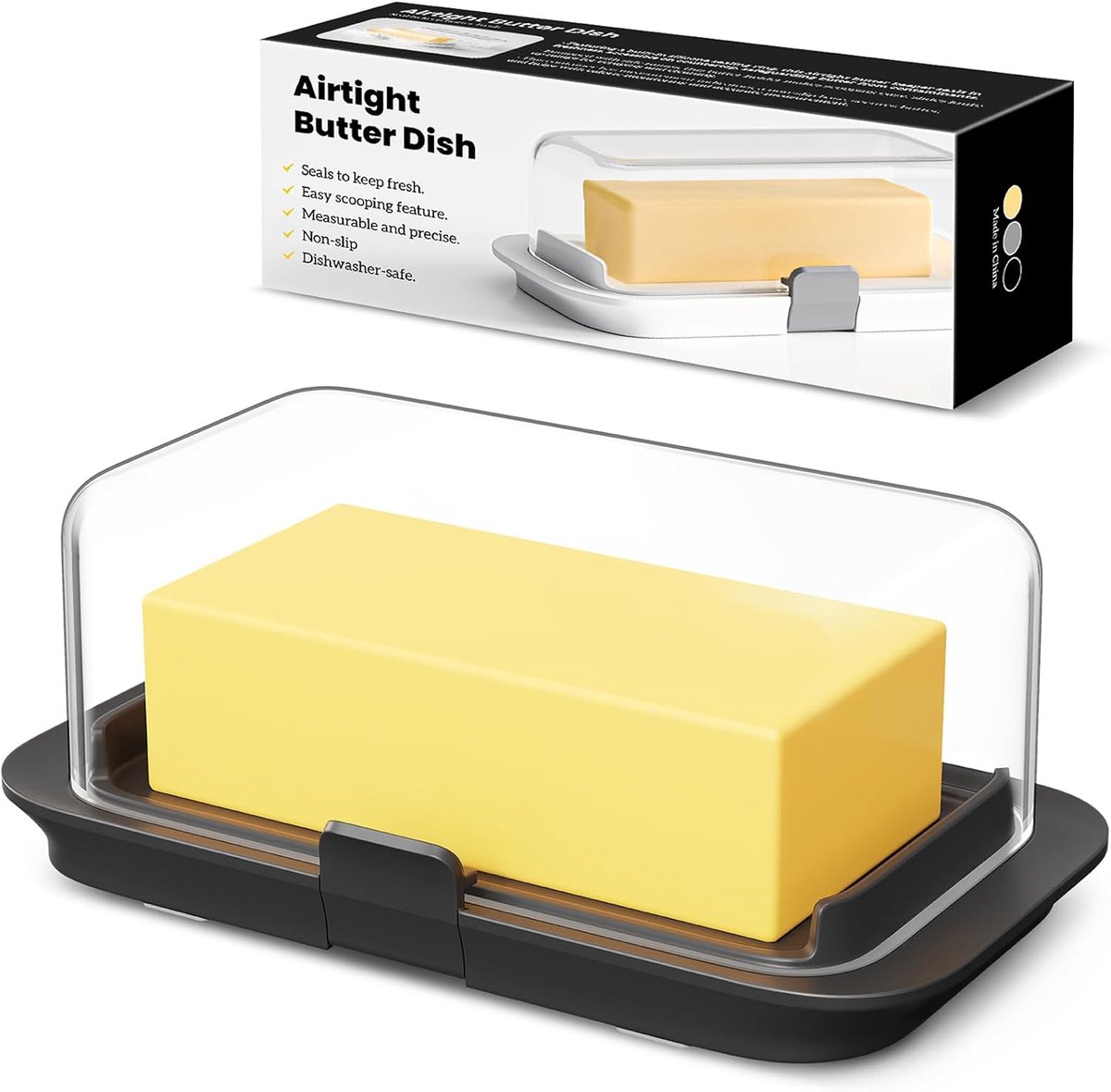 SnelShoppen - Grote Airtight Boterdoos voor 250g en 500g Boter, Sluitbare Boterhouder met Deksel voor Volle Pound Boterblok, Zwart Keukenaccessoire
