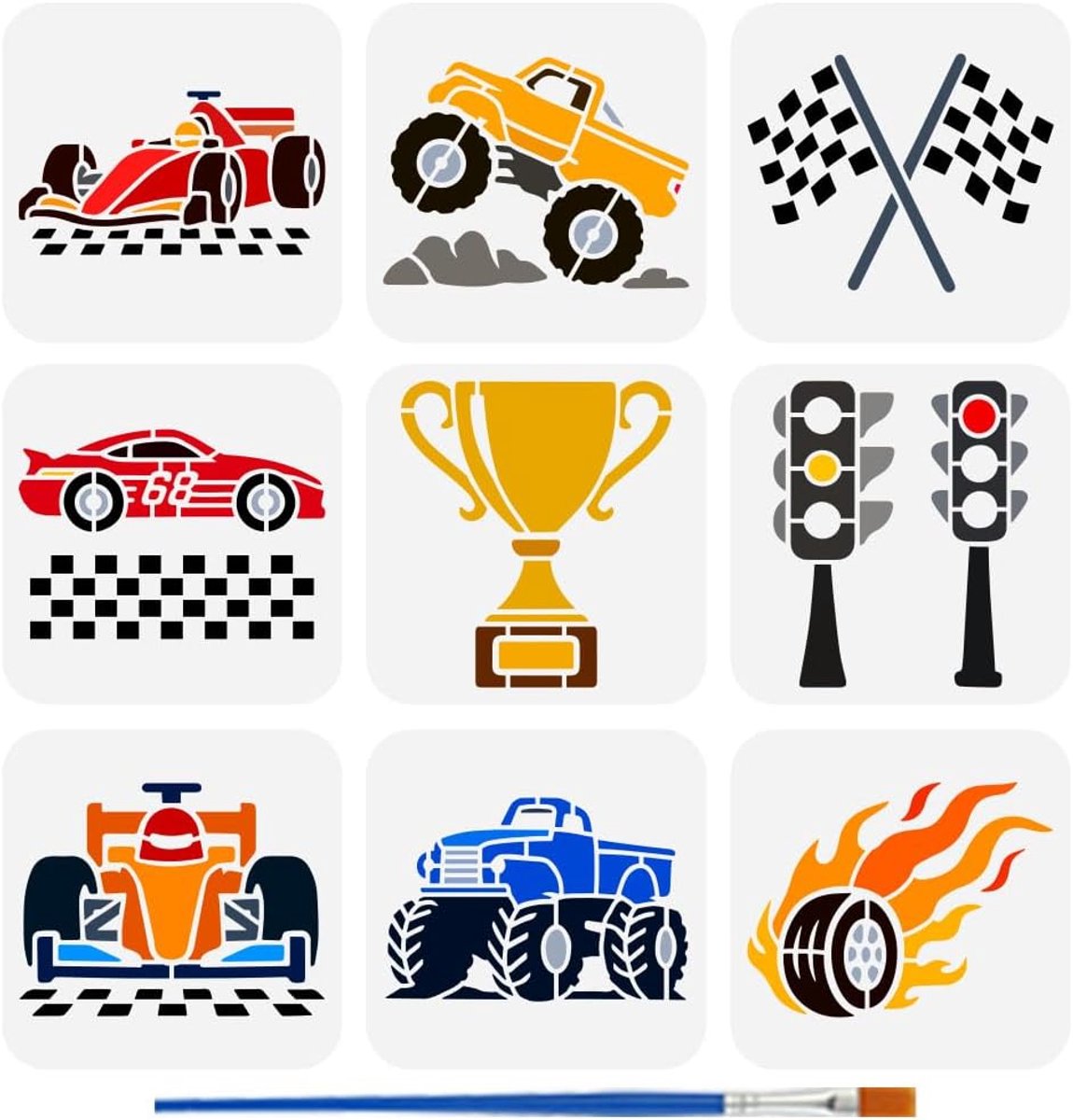 SnelShoppen - 9 Stijlen Raceauto Sjablonen 15x15CM - Monster Trucks, Vlaggen, Trophies, Verkeerslichten - Creatief Schilderen op Hout, Muur, Stof