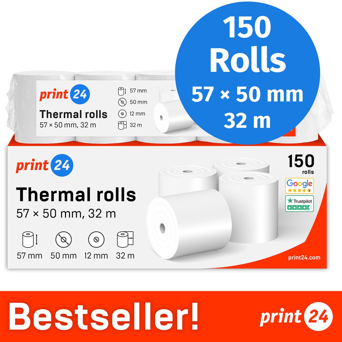 NIEUW: print24 Thermische Rollen / Kassarollen, 150 Rollen, 57mm x 50mm x 12mm, 32m, Testwinnaar, PEFC-gecertificeerd, BPA-vrij, voor EPSON, IBM e.a.