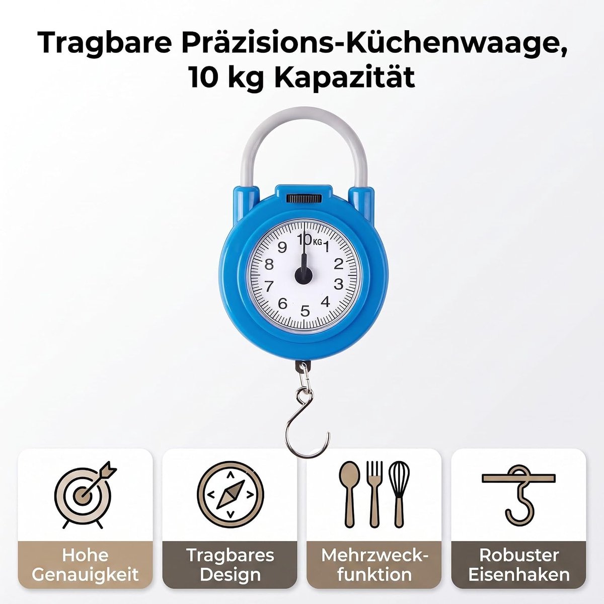 SnelShoppen - Handmatige Luggage Scales, 10kg Weegschaal met Haak, Nauwkeurige Weegfunctie voor Koken, Bakken, Kamperen, Vissen - Blauwe Veerschaal