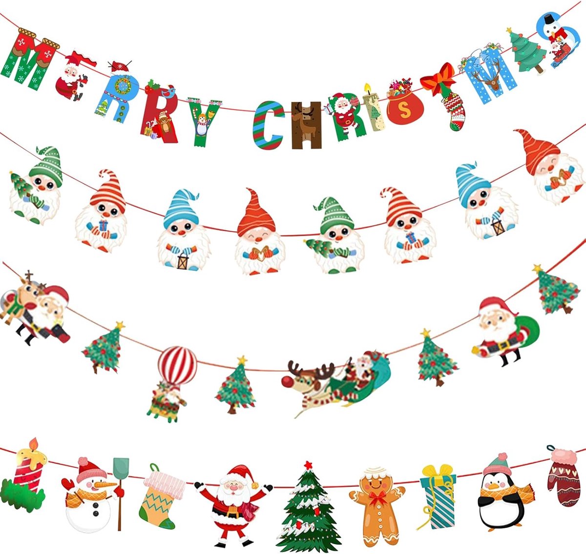 SnelShoppen - 4 Stuks Vintage Kerst Bunting Banner, Kerst Letter Garland Banners, Kerstmis Versiering voor Binnen en Buiten, Feestdecoratie voor Kerst