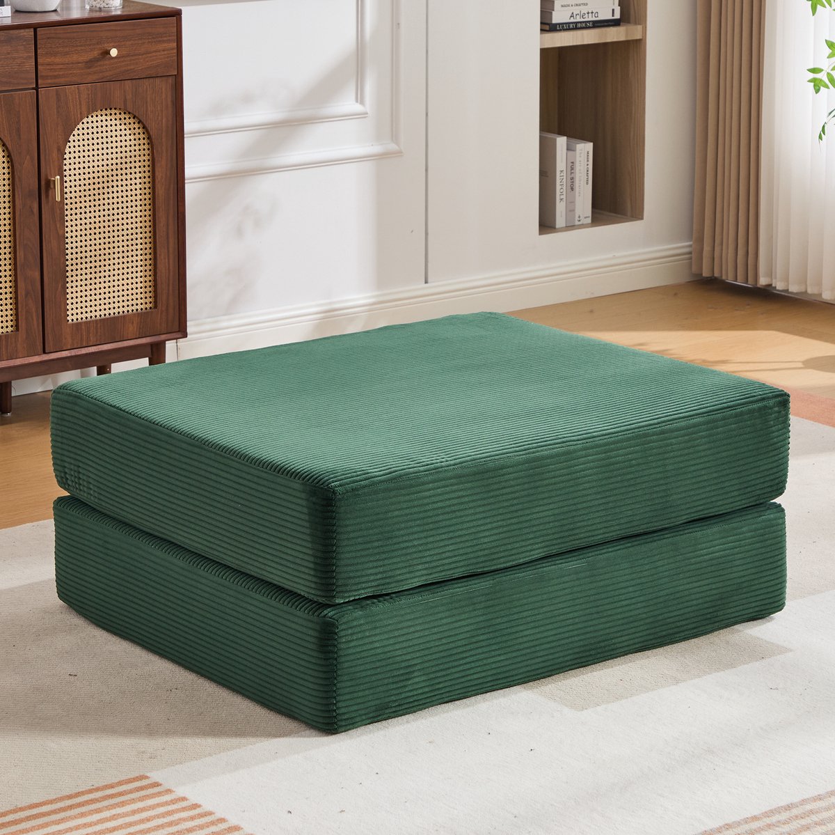 REDOM - Hocker - Opvouwbaar 2-in-1 ontwerp - Uitklapbaar tot eenpersoons slaapstoel - Modulair - Voor binnen - Ribstof - Smaragdgroen - 109 x 95 x 43 cm