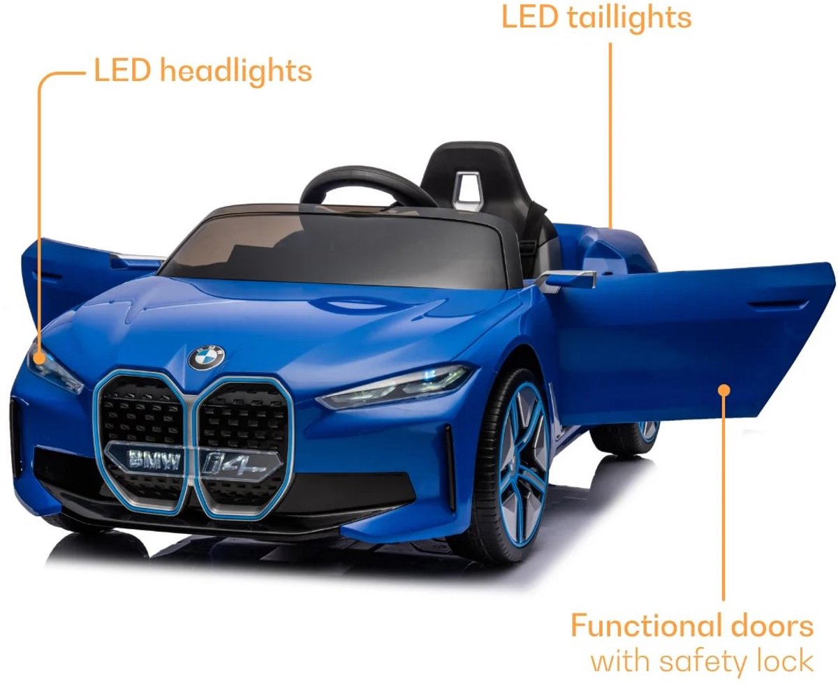 BMW i4 Full Option Elektrische Kinderauto 1 tot 6 jaar – Officieel Gelicentieerd Accuvoertuig met Lederen Zitje, Schokdempers & Bluetooth – 12V Kinderauto met Afstandsbediening, Werkende Deuren & Soft-Start – Blauw — afbeelding 3