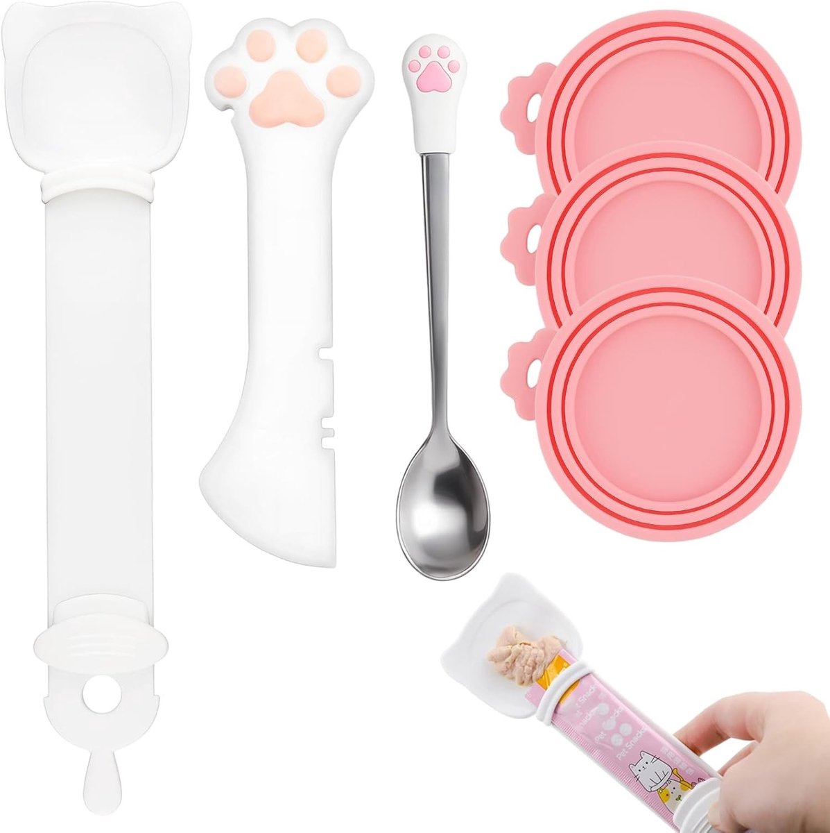 Set van 6 Herbruikbare Siliconen Lids met Opener en RVS Lepel voor Kattenvoer
