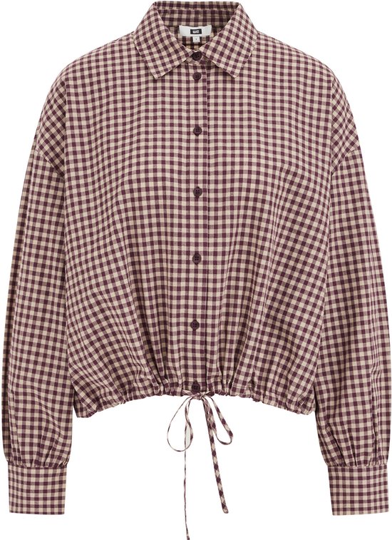 Bruin-wit geruite blouse met lange, ballonmouwen en een touwtje aan de zoom.