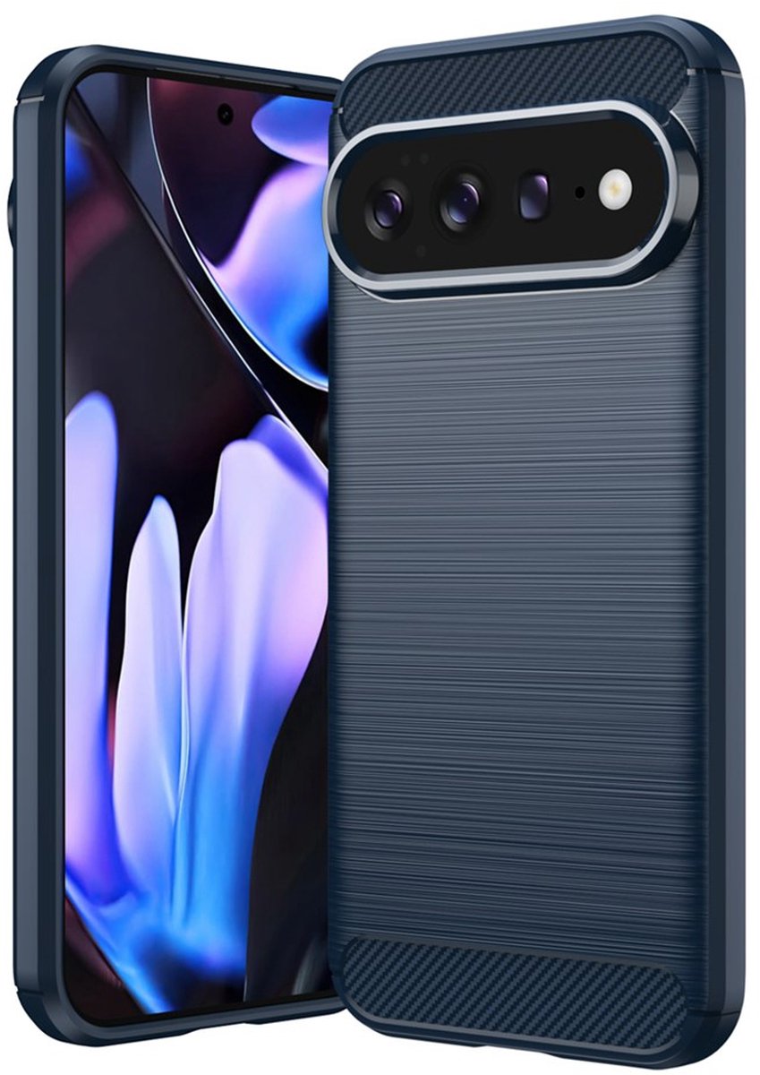 MobyDefend Hoesje - Geschikt voor Google Pixel 11 Pro XL - TPU Backcover - Geborstelde Metaal & Carbon-Look - Blauw