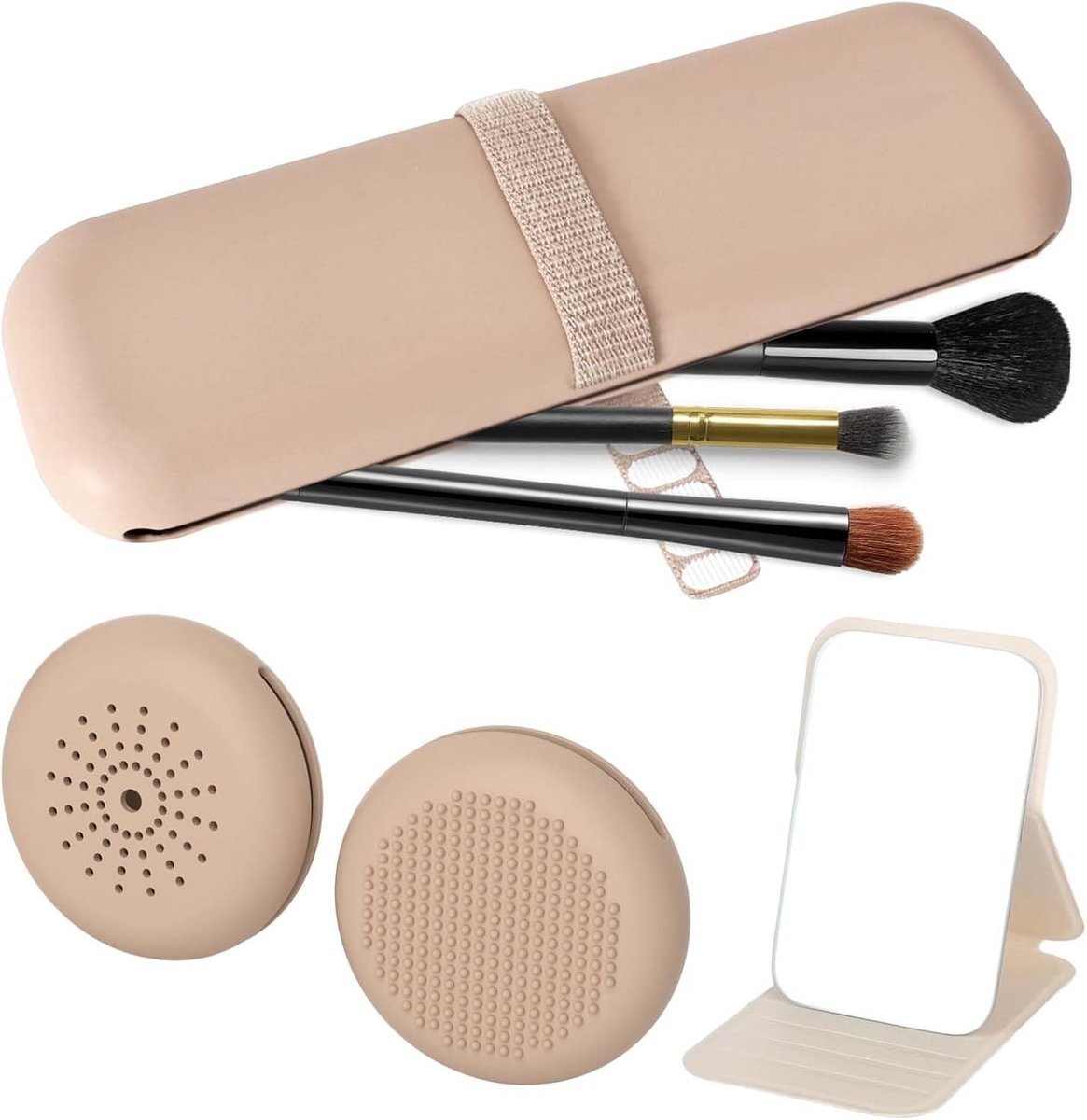 Draagbare Make-up Borstelhouder van Silicoon met Vouwbare Spiegel en Beauty Blender voor Reizen en Outdoor Activiteiten