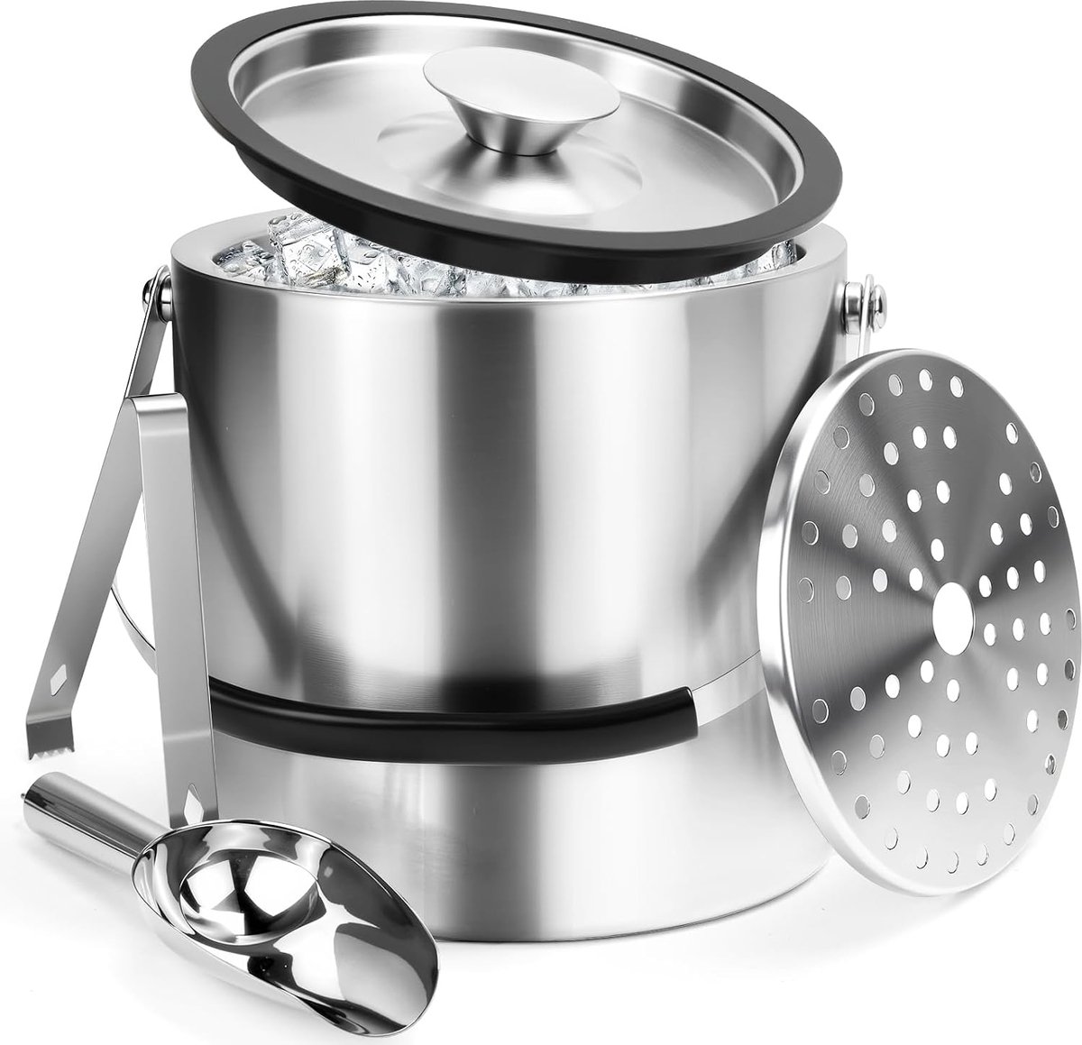 Ice Cube Holder with Lid, 3 Litres, Stainless Steel, Double Walled, Insulated Ice Bucket for Wine with Ice Scoop - ShopVlot
