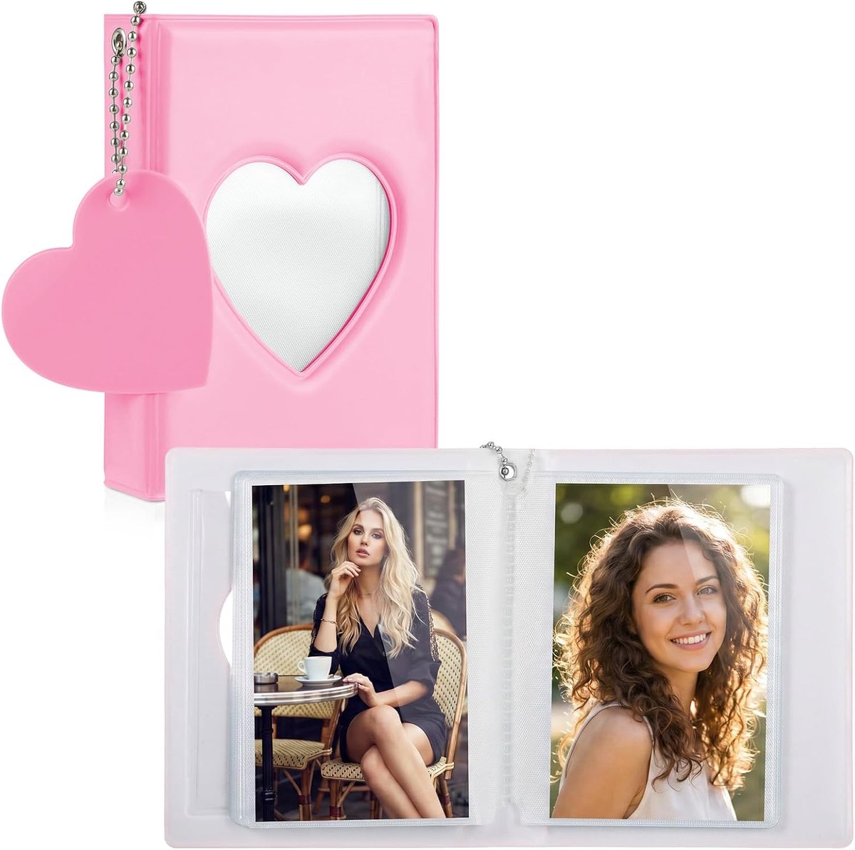 SnelShoppen - Photo card folder mini fotoalbum 9 cm, hartvormige holle kaft, kleine fotokaarthouder met hanger en 32 fotokaart slots (roze)
