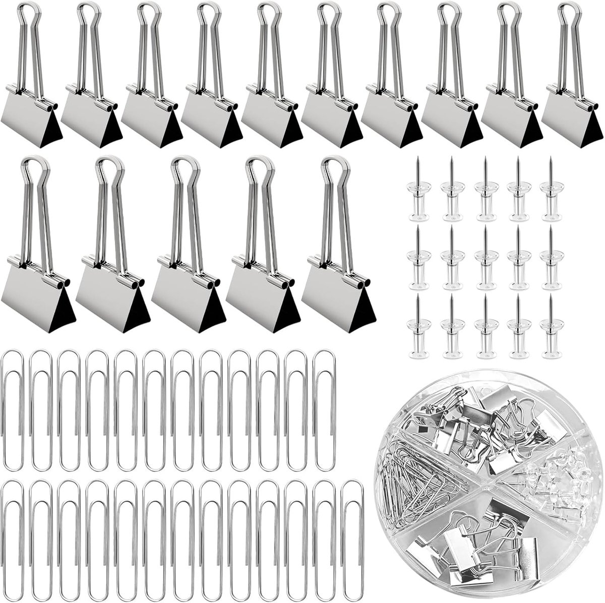 SnelShoppen - Foldback Paper Clips en Duimspijkers Set - 10x 15mm, 5x 19mm, 25x 28mm en 15x 24mm - Metalen Kantoorbenodigdheden voor School, Kantoor,