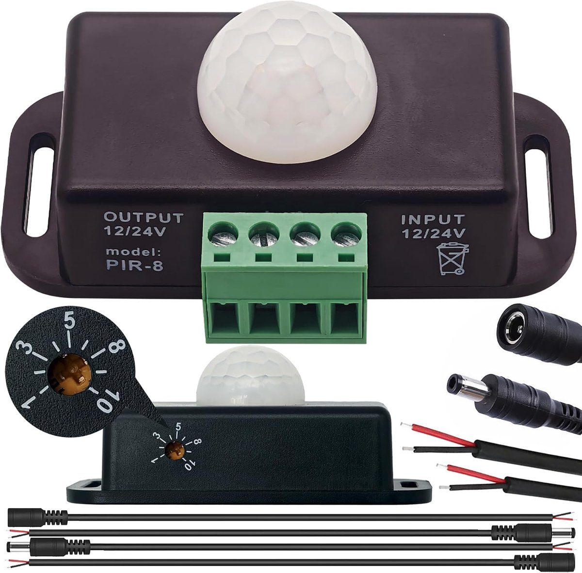 SnelShoppen - PIR Bewegingssensor 24/12V, Aanpasbare Lichtschakelaar met 1-10 Minuten Instelling + 55 CM DC Kabels voor Tuin, Camping en Binnengebruik