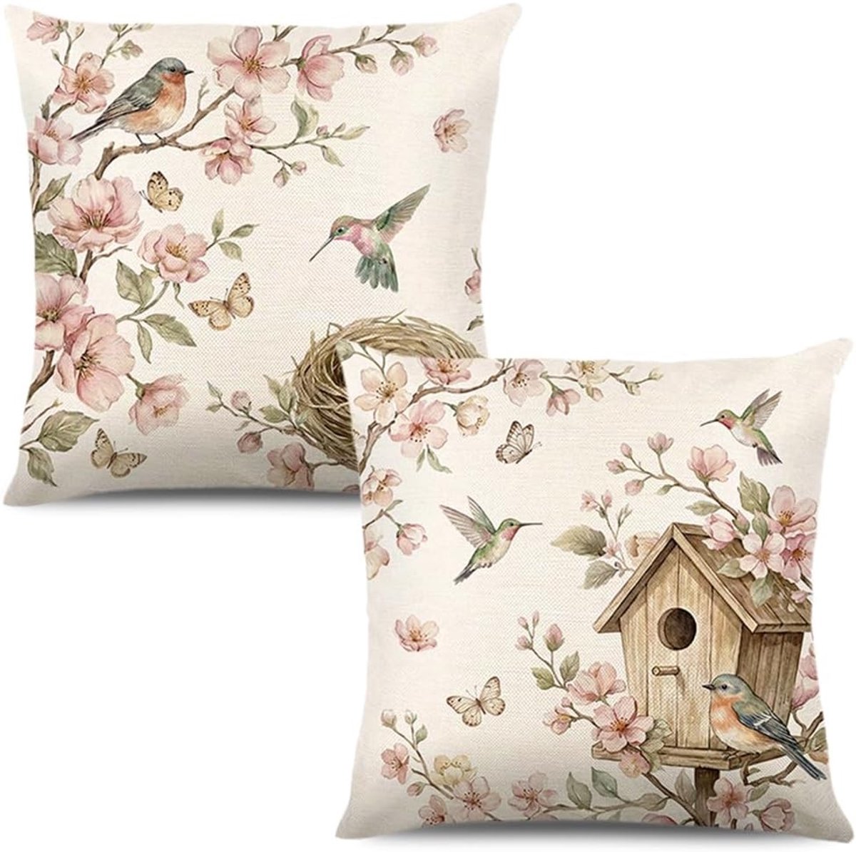 Set van 2 Kussenhoezen met Bloemen 40x40cm Decoratief voor Sofa en Woonkamer, Ideaal voor Lente en Zomer, Polyester en Linnen Kussenhoezen met Tulpen en Vlinders