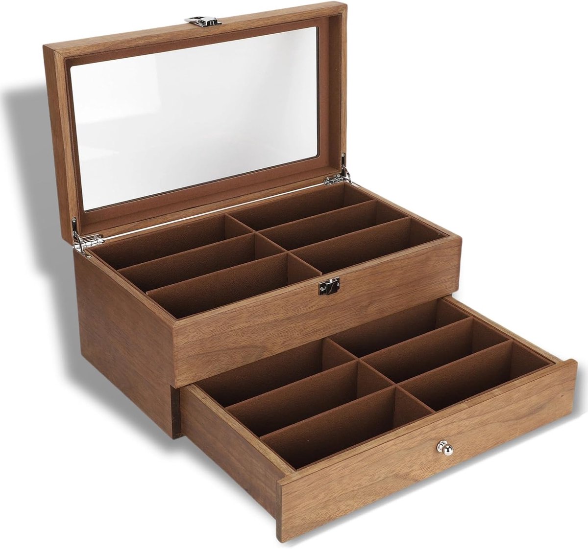 SnelShoppen - Houten Dubbele Laag Glas Display Case Box Organizer - 12 Vakjes, Opbergdoos voor Sieraden en Brillen, Decoratie voor Thuis en Kantoor