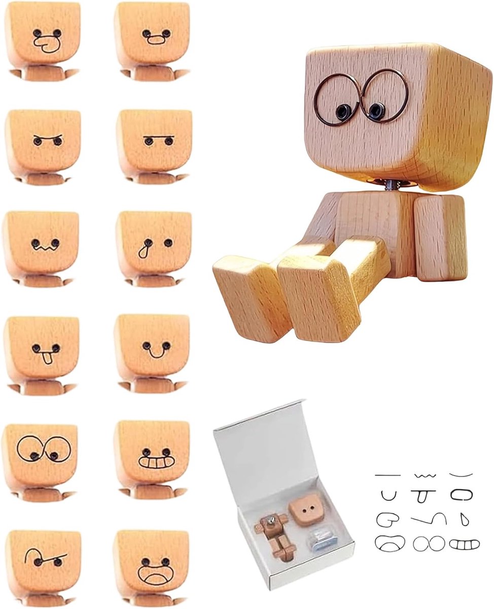 SnelShoppen - Trillend Holzmann-figuur, handgemaakt wiebelmannetje met 12 verwisselbare gezichtsuitdrukkingen, houten decoratie, autoornamenten, leuk
