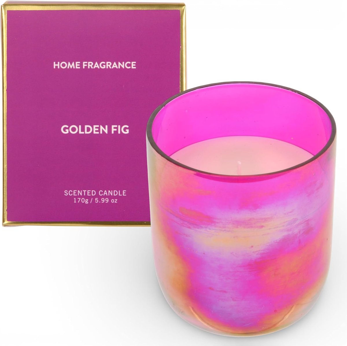 SnelShoppen - Geurkaars in iriserend glas, 170 g, katoenen lont, brandduur 25 uur, fuchsia aura, golden fig, decoratief voor woonkamer, slaapkamer, ba