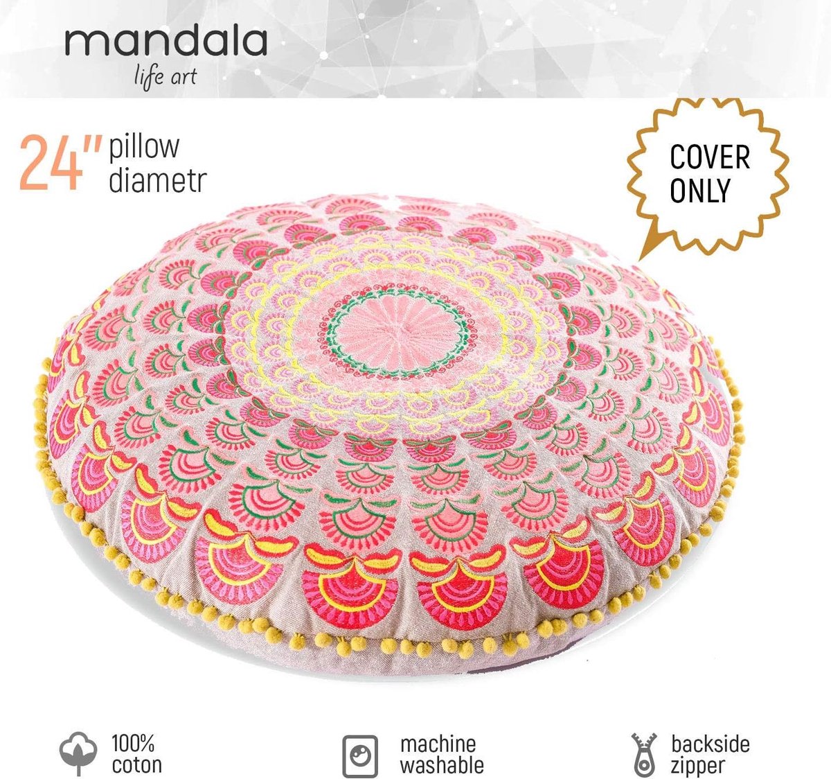 SnelShoppen - Mandala Boho Yoga Decor Vloerkussenhoes - 60cm Rond Meditatie Tapijt Kussenhoes - Gedrukt Katoenen Dekentje Pouf