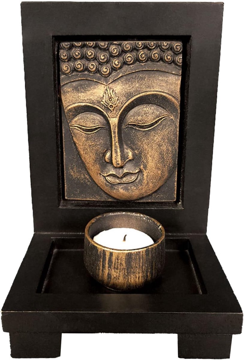 SnelShoppen - Buddha Hoofd Theelichthouder, Meditatie Zen Steen Kaarsenhouder met Houten Plank Basis voor Spirituele Kamer Yoga Club Decor Ornament (B