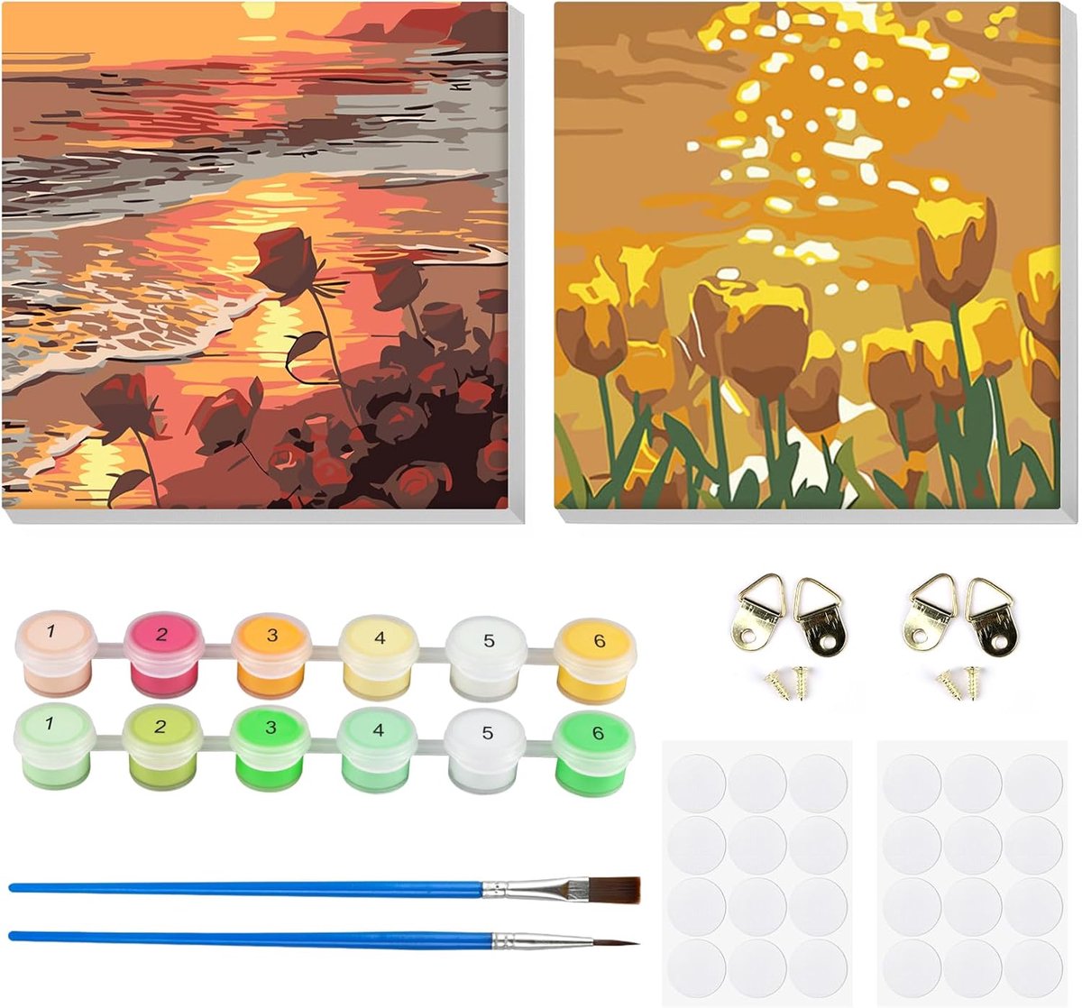 SnelShoppen - 2 Stuks Schilderen op Nummer Set voor Volwassenen, Acryl Schilderen op Nummer voor Beginners, DIY Zonsondergang Schildering met Kwasten