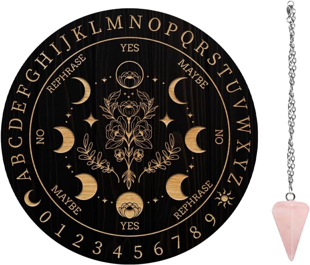 SnelShoppen - 7.8 Inch Heksen Krans Wensstok Houten Planchette met Rozenkwarts Kristal voor Spirits Altaar Decoratie - Maanfases en Bloemen