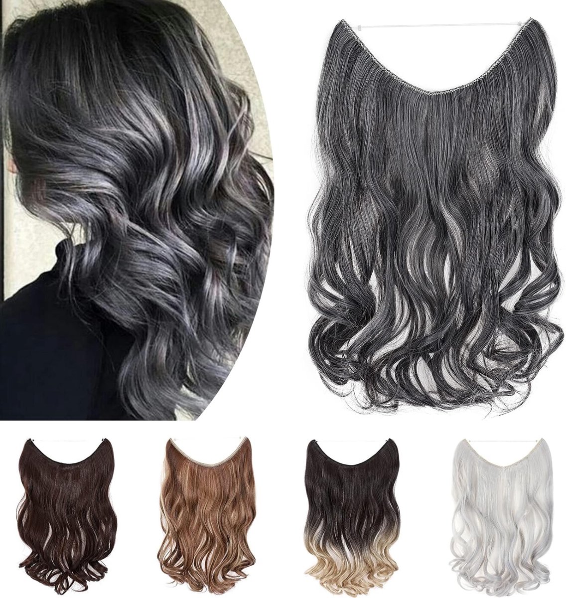 SnelShoppen - SEGO 50 cm Haar Extensions met Onzichtbare Draad, 1 Vlecht, Donkerbruin Gemengd met Zilvergrijs, 100% Synthetisch, Warmtebestendig tot 1