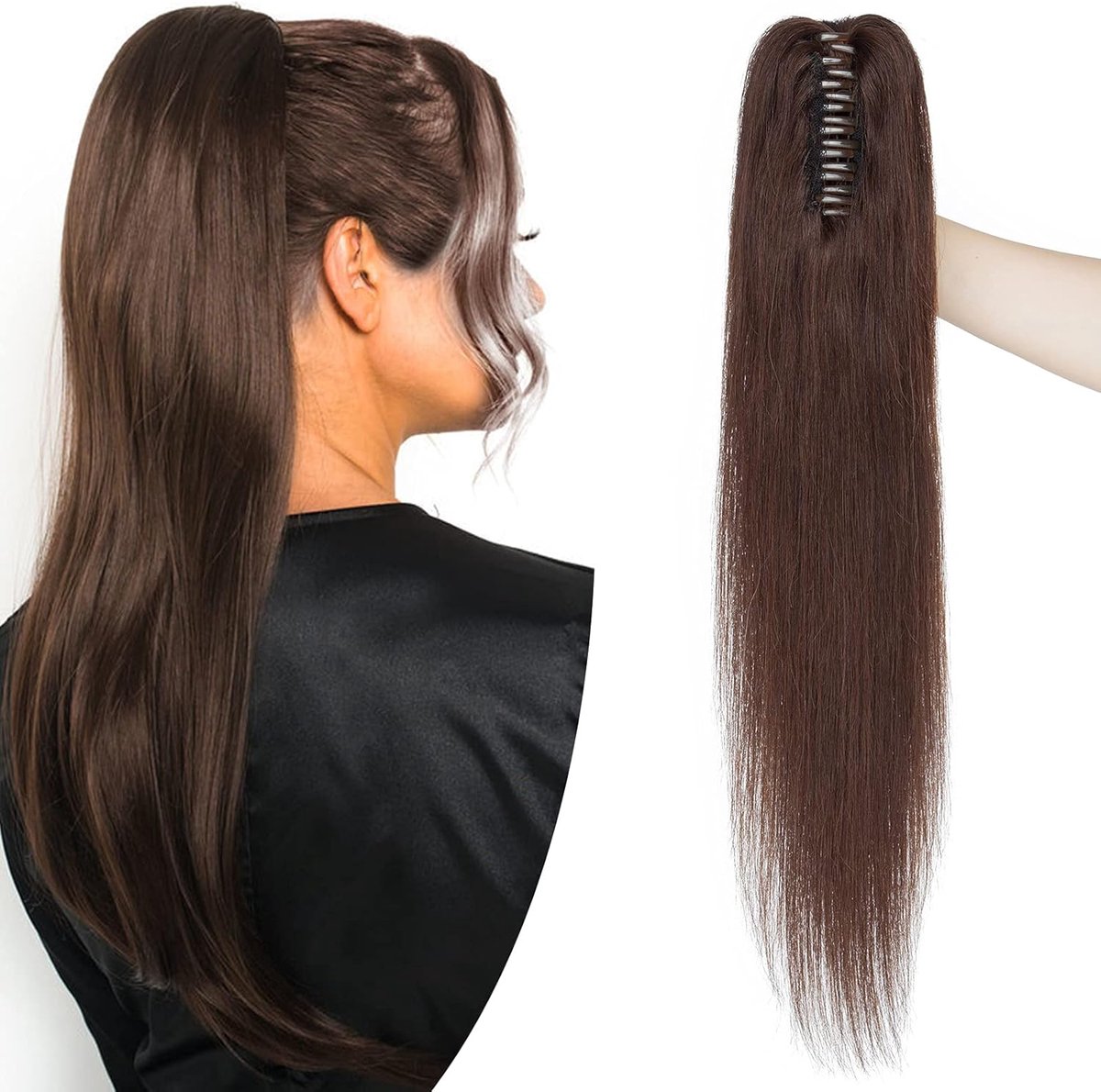 SnelShoppen - Ponytail Extension Echthaar met Klammer - 100% Remy Haar - Clip in Haarstuk - 14" (35cm) - 105g - Donkerbruin #2 - Haarverlenging voor F