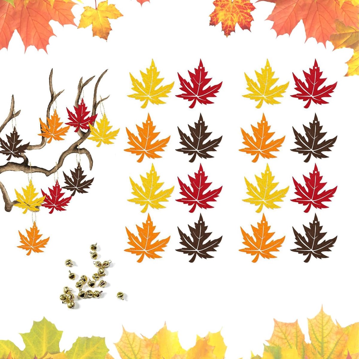 SnelShoppen - Houten Pendant Maple Leaf, 16 Stuks, Herfstbladeren met Touw en Bel, Decoratieve Hangende Bladeren voor Kerstboom en Thanksgiving