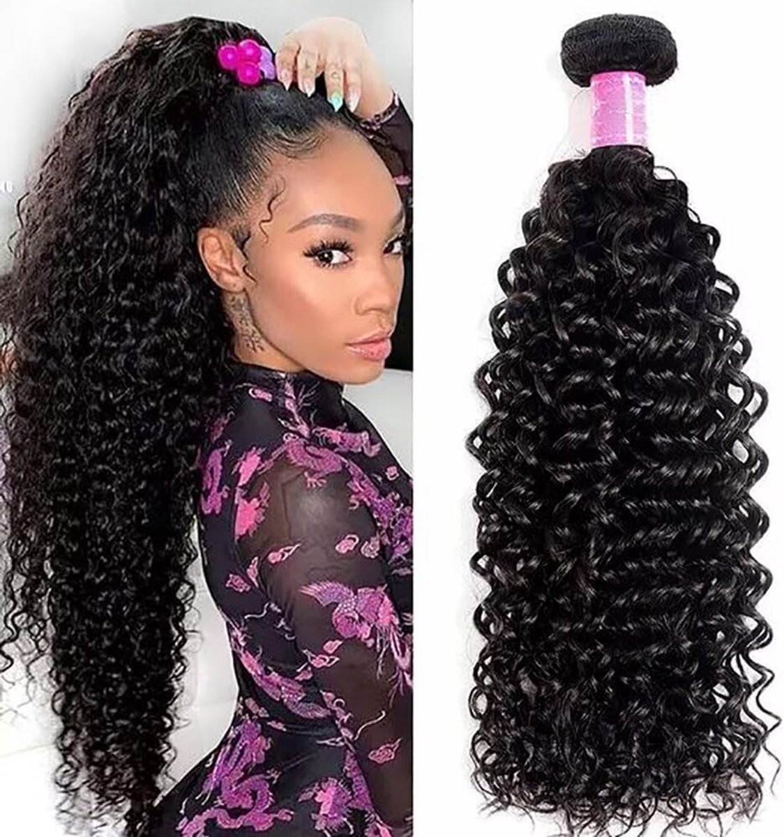 SnelShoppen - Curly Curly Menselijk Haar Bundel Braziliaans Virgin Kruidige Haarextensions 22 Inch Natuurlijke Zwarte Kleur voor Vlechten en Stijlen