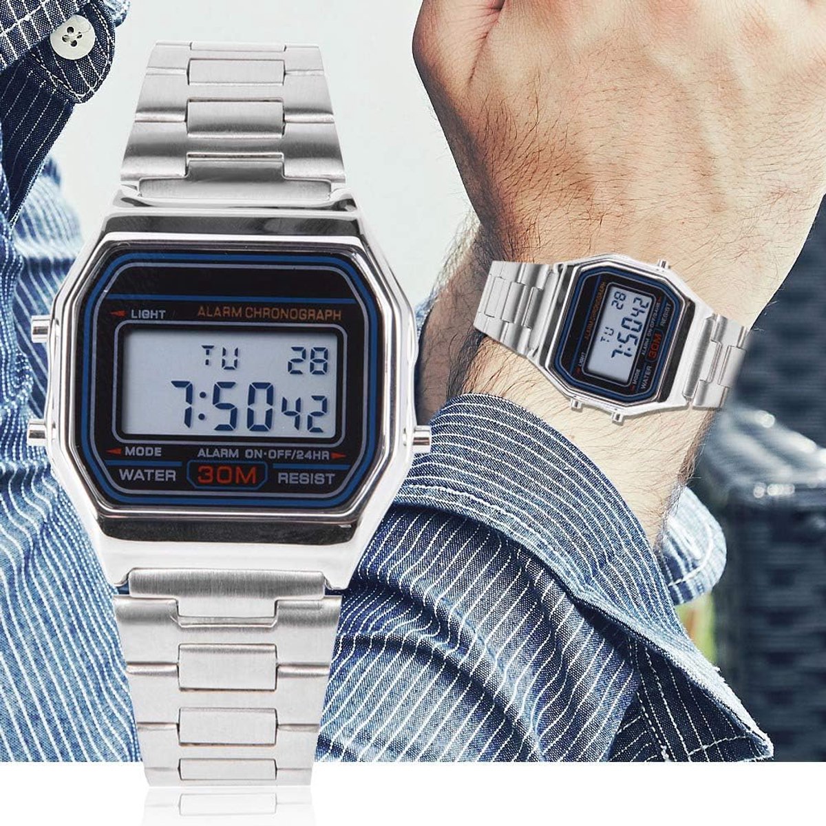 Rectangular Backlit Watch with Stainless Steel Strap, Waterproof, 12/24 Hour Display, Date, Week, Alarm - ShopVlot
