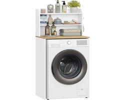 CINK & Co Wasmachinekast met 4 Vakken - Voor Wasmachine of Droger - Met 3 Planken en 2 Haken - Wit en Naturel - 50 x 68 x 128 cm