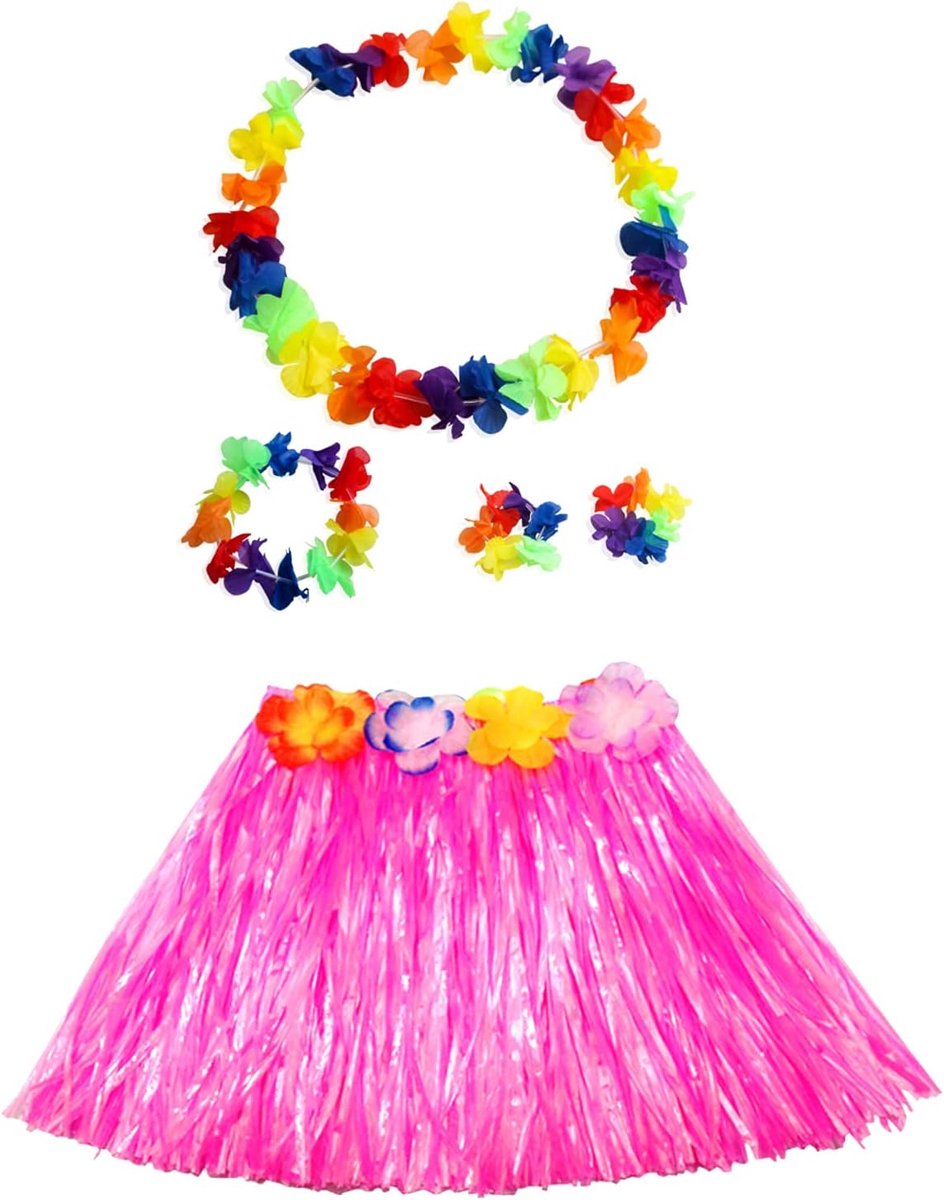 Hula rok met krans - roze Hawaiian gras - verstelbare taille - ideaal voor feesten - ShopVlot