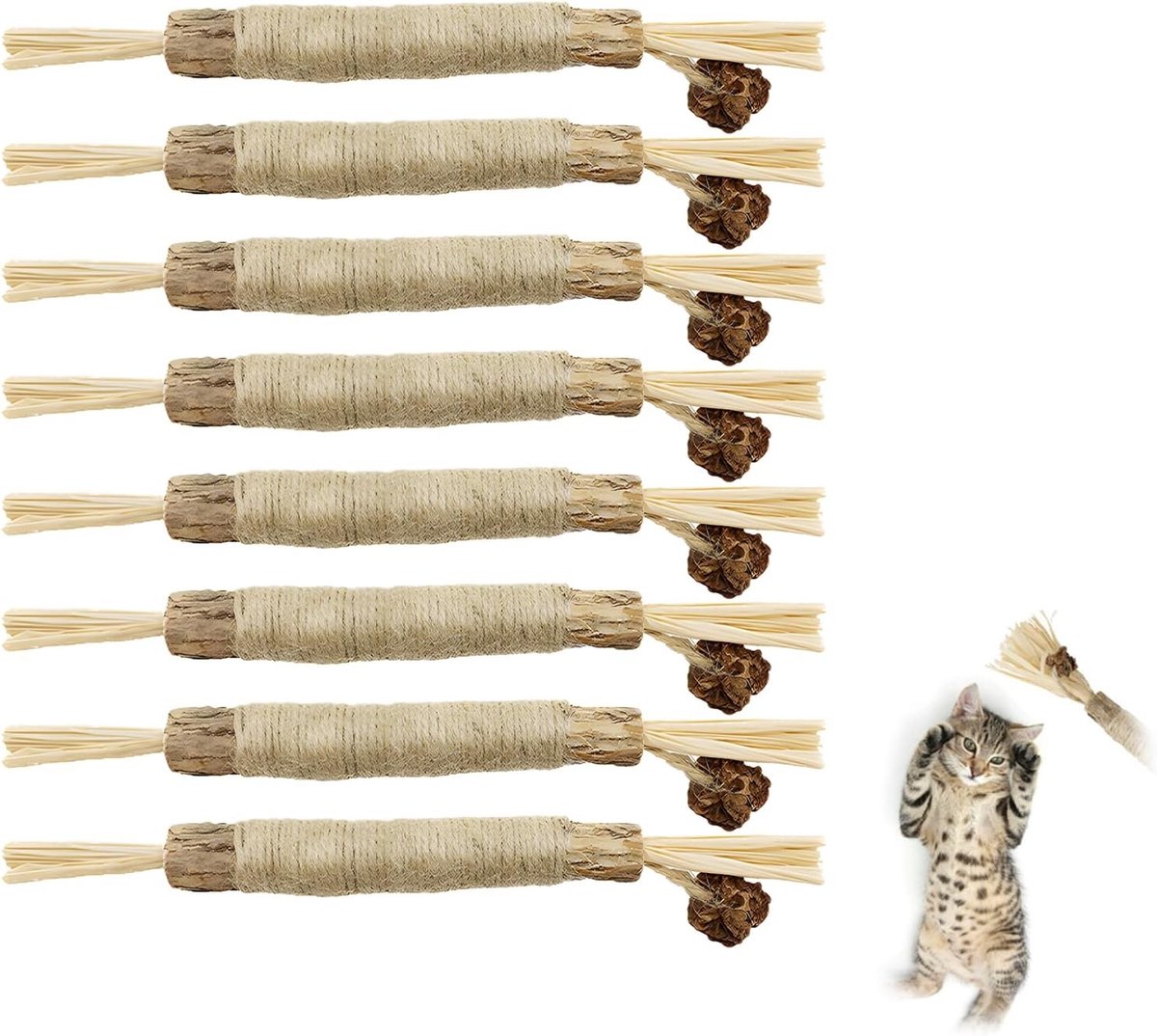 Thijox - Kausticks voor Katten 8 Stukken, Natuurlijke Matatabi Stokjes met Raaf voor Tandgezondheid en Stimulatie, Silvervine Hout, Dikke Kaustangen S