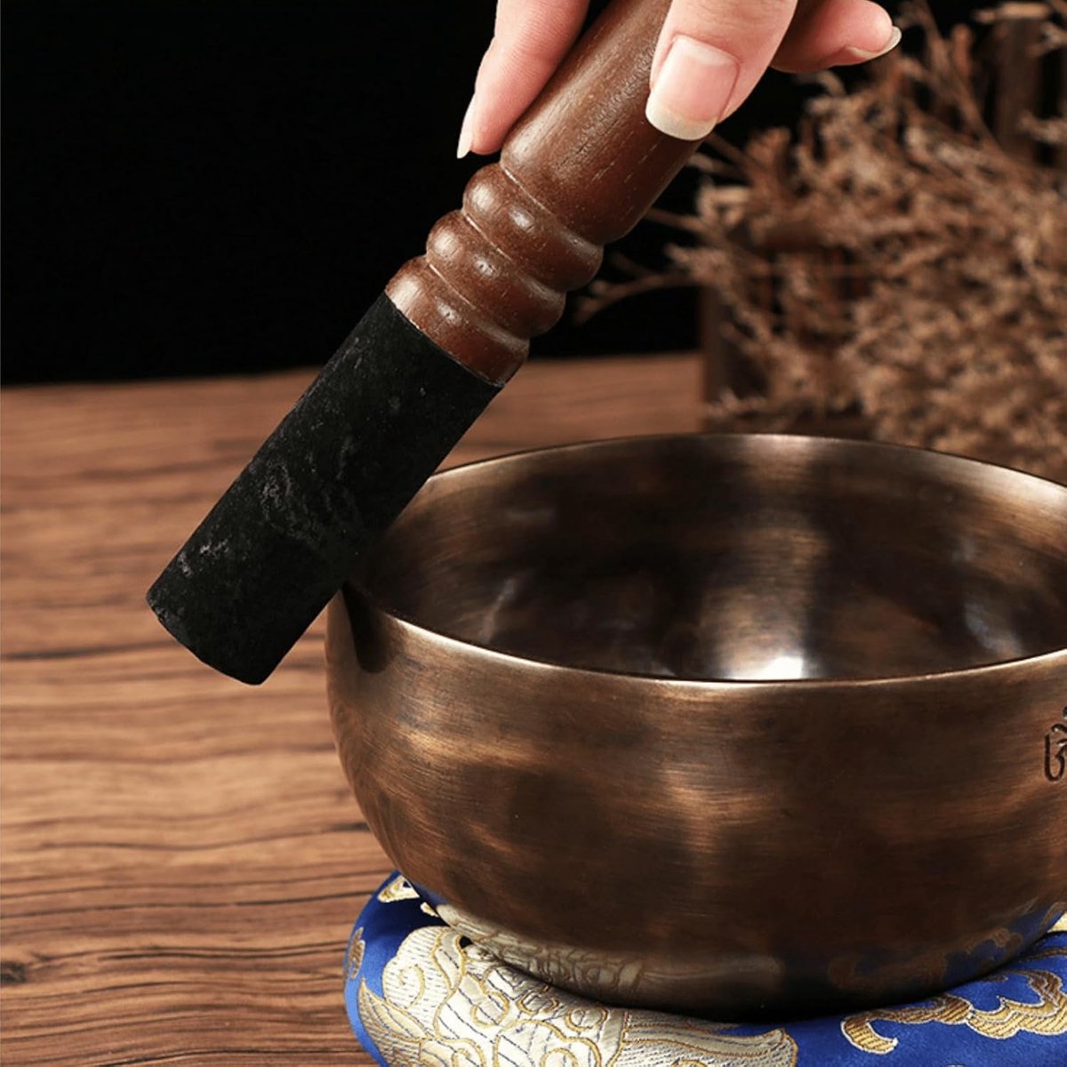 SnelShoppen - Tibetaanse Perzik Singing Bowls met Leren Hamer voor Meditatie en Yoga, 17.2 x 2.5 cm, Spiritueel Hulpmiddel voor Ontspannende Geluiden