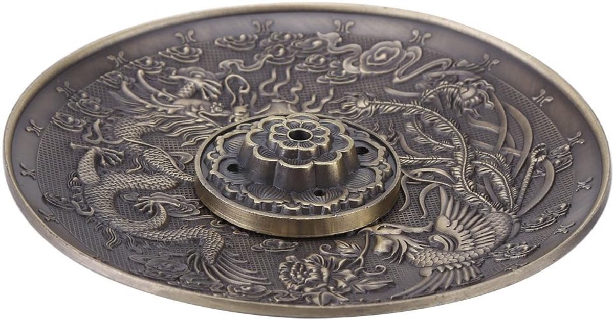 SnelShoppen - Vintage Wierookhouder met Dekseltje in Bronzen Chinese Draak en Feniks Design - Tibetaanse Wierookstokjeshouder - Fengshui Decoratie voo