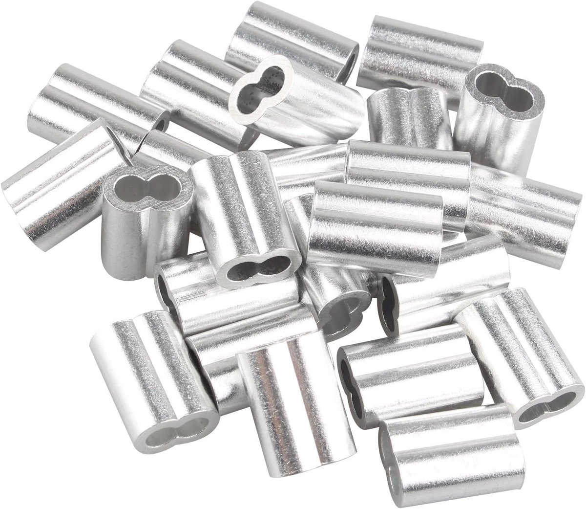 SnelShoppen - 25st Aluminium Crimp Pluche Sleeve Clips met Dubbele Ferrules/Holes voor 5mm Kabel Draad Touw Zilver Kleur - Duurzaam en Corrosiebestend