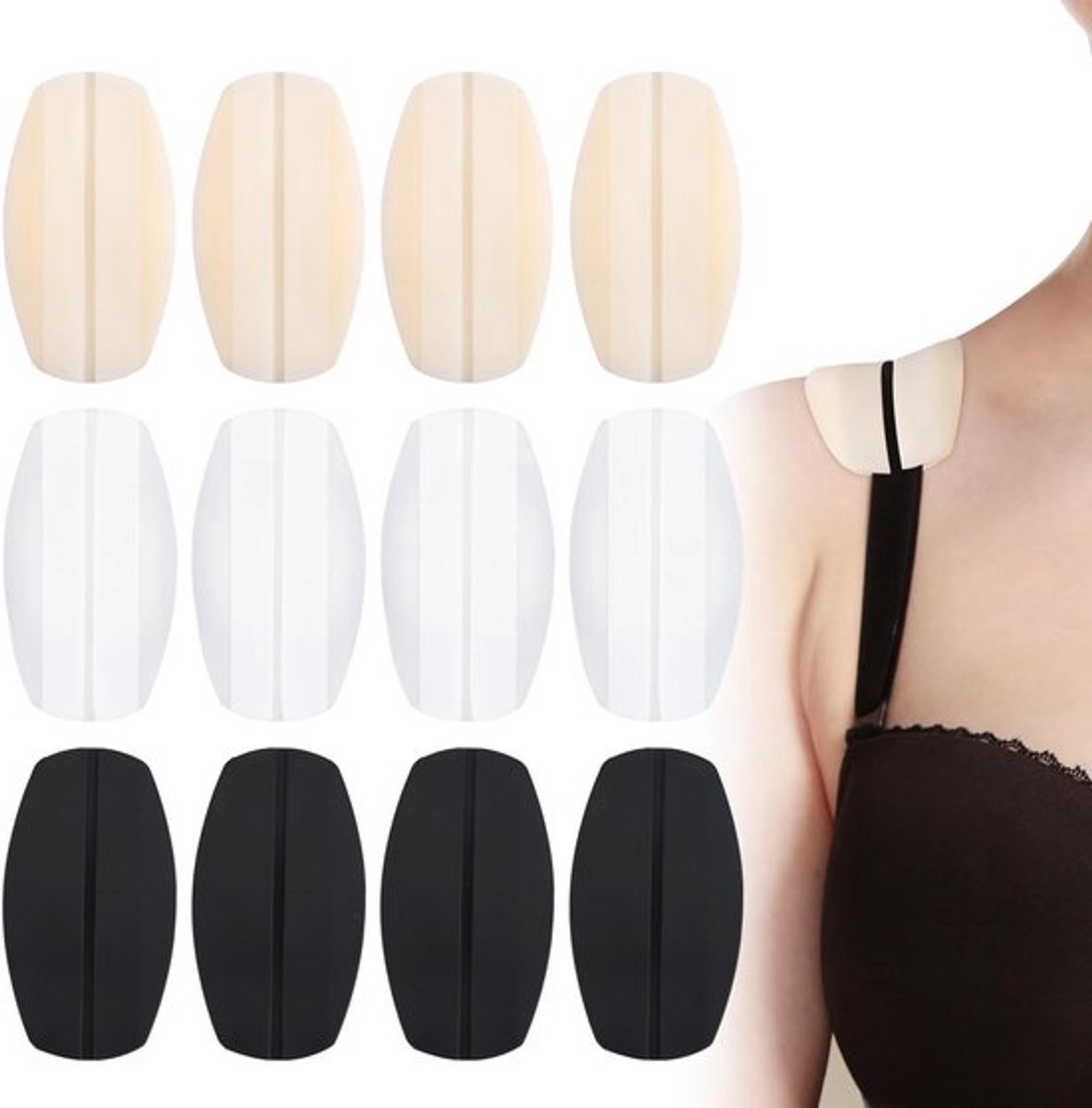 Zes Paar Niet-Slip Bh Schouderband Kussens in Drie Kleuren voor Dames - Verminder Schouderongemak met Silicone Kussens in Wit, Zwart en Beige