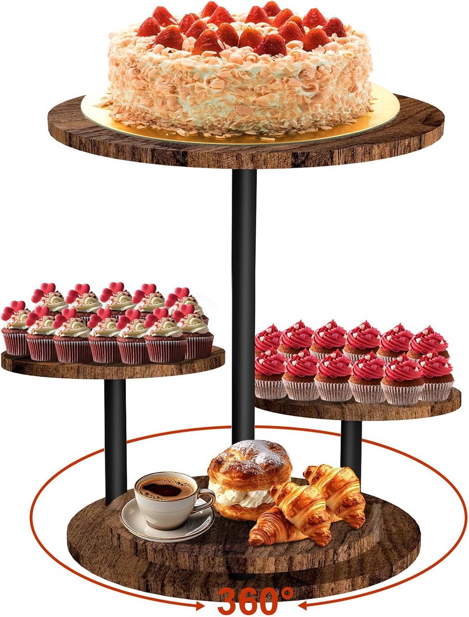 SnelShoppen - Retro Houten Taartstandaard, Rotatable, Ronde Cake Stand voor Bruiloft, Verjaardag, Feest, Buffet (4 Lagen, 20/25 cm)