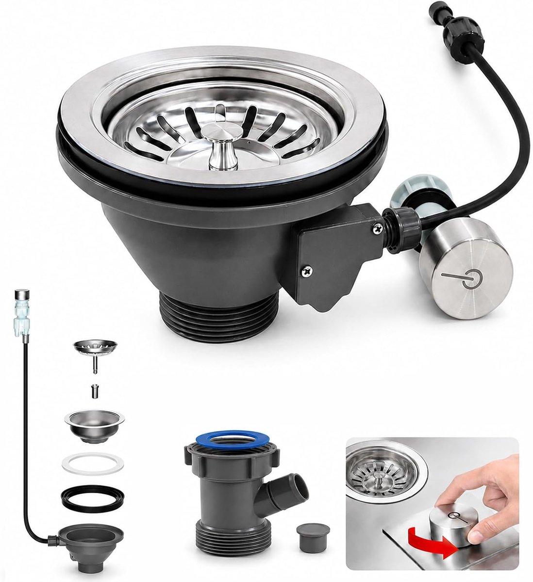 SnelShoppen - Keukenafvoer Set 3-1/2'' met Controleknop, RVS Afvoerfilter, Handen Droog en Schoon, Ideaal voor Keuken en Badkamer