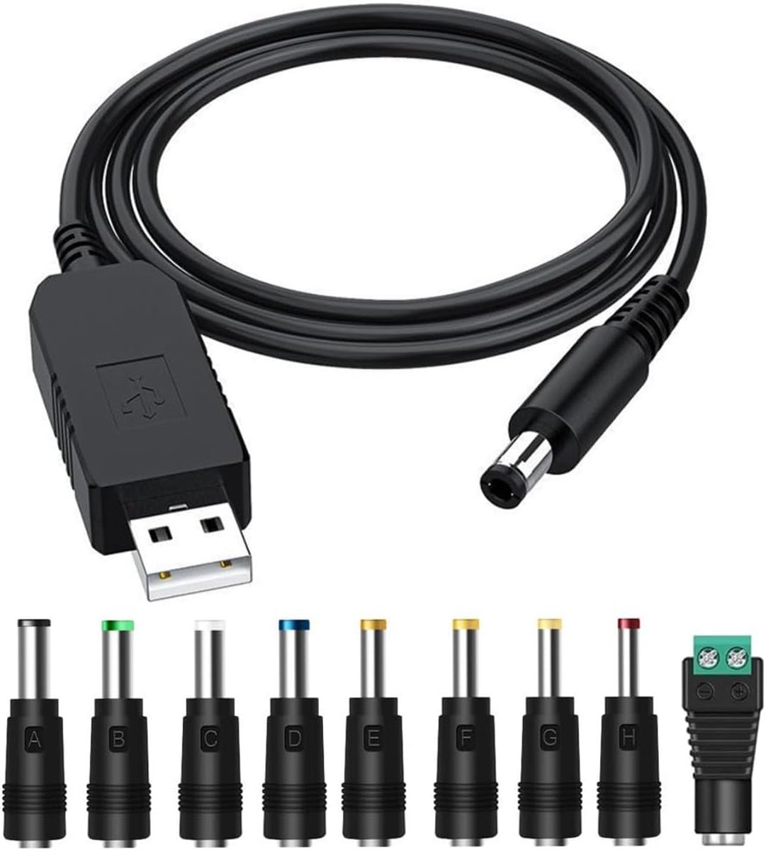 SnelShoppen - USB naar 12V Spanningsomvormer Kabel 100cm met 9 Verwisselbare Aansluitstukken en LED Terminal Connector voor Diverse Apparaten
