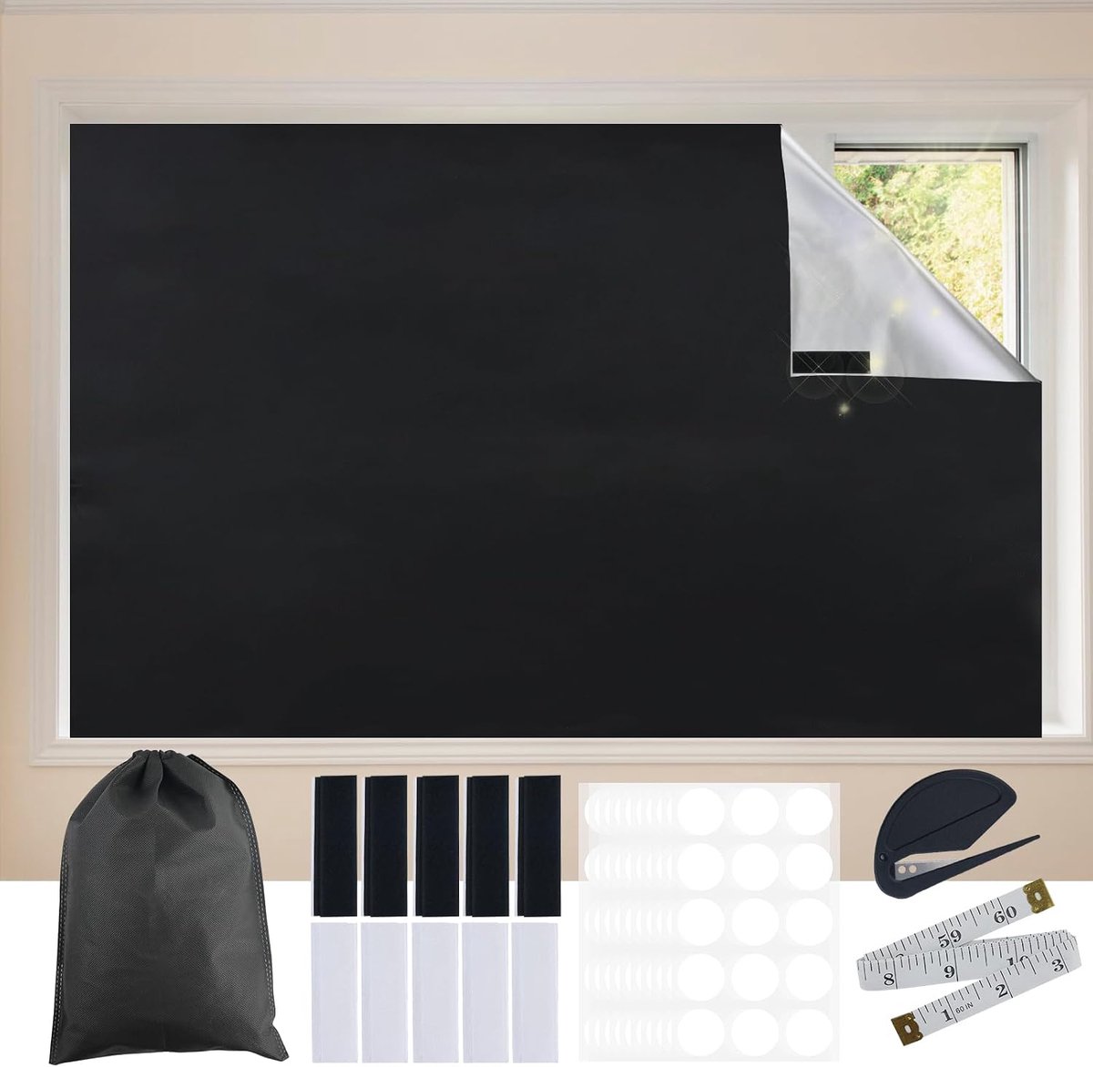 SnelShoppen - 150 x 250 cm Draagbare Blackout Rolgordijn Zwart, Geen Boren, Ideaal voor Slaapkamer, Kinderkamer, Zolder, Verduisterend Materiaal