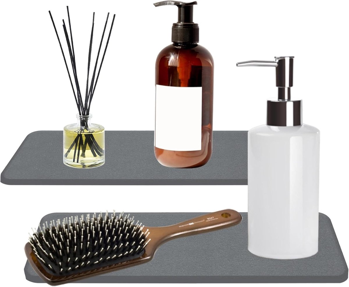SnelShoppen - Water Absorberende Steen Wasbak Tray, 2 Stuks, Antislip Diatomiet Mondsproeikop Coasters voor Sponsen, Borstels en Zeep - Donkergrijs