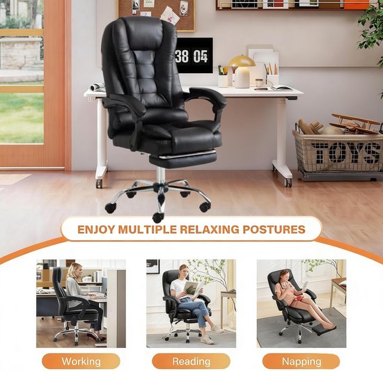 SnelShoppen - Ergonomische Gamingstoel met Voetsteun, Hoge Rug, Lederen Bureaustoel, Comfortabele Executive Ligstoel met 2-Punts Massage, 360° Draaiba van snelshoppen — afbeelding 2